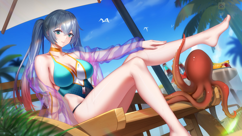 1girl, absurdres, bare_legs, barefoot, beach_chair, blue_one-piece_swimsuit, blue_sky, bottle, breasts, chinese_commentary, choker, closed_mouth, commentary_request, day, dutch_angle, feet, food, foot_out_of_frame, fruit, girls'_frontline, girls'_frontline_neural_cloud, gradient_hair, green_eyes, hair_between_eyes, hand_on_own_leg, highleg, highleg_one-piece_swimsuit, highres, hong_bai, jacket, lam_(holiday_angler)_(neural_cloud), lam_(neural_cloud), large_breasts, long_hair, long_sleeves, looking_at_viewer, lwmmg_(girls'_frontline), multicolored_hair, octopus, one-piece_swimsuit, open_clothes, open_jacket, orange_choker, outdoors, palm_tree, red_hair, see-through_clothes, see-through_jacket, silver_hair, sitting, sky, solo, swimsuit, swimsuit_cover-up, tree, twintails