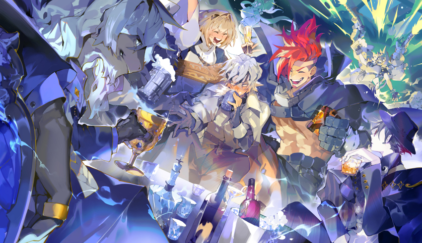 3girls, 4boys, :d, abs, absurdres, alchemy_stars, alcohol, armor