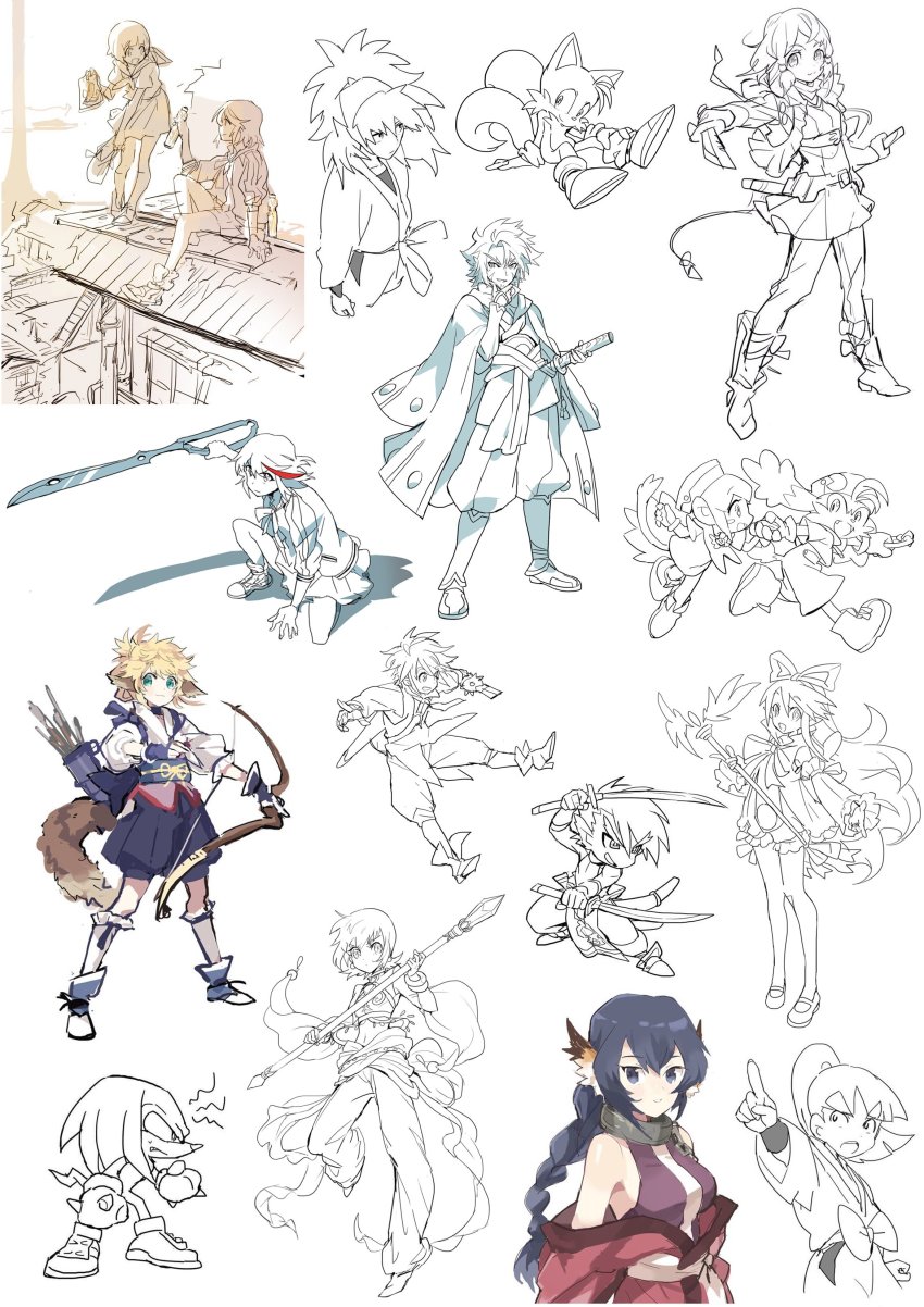 6+boys, 6+girls, absurdres, animal_ears, aquaplus, arrow_(projectile), bare_shoulders, beard