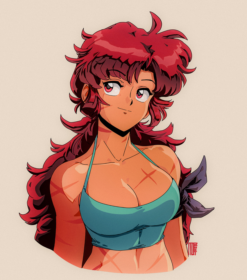 1980s_(style), 1girl, armband, beige_background, big_hair, breasts, cleavage, collarbone, crop_top, dark-skinned_female, dark_skin, david_liu, highres, light_smile, long_hair, looking_up, maria_(space_maria), medium_breasts, oldschool, red_eyes, red_hair, retro_artstyle, scar, scar_on_arm, scar_on_breasts, scar_on_face, scar_on_stomach, solo, space_maria, spaghetti_strap, toned, upper_body