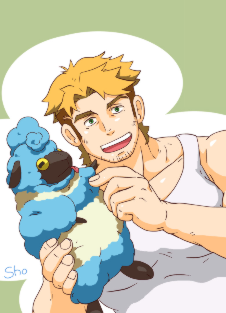 1boy, artist_name, blonde_hair, facial_hair, gagumber, green_background, muscular, sakugan, sheep, shirt, sho_(432054), sideburns, simple_background, solo, stubble, tongue, tongue_out, white_shirt