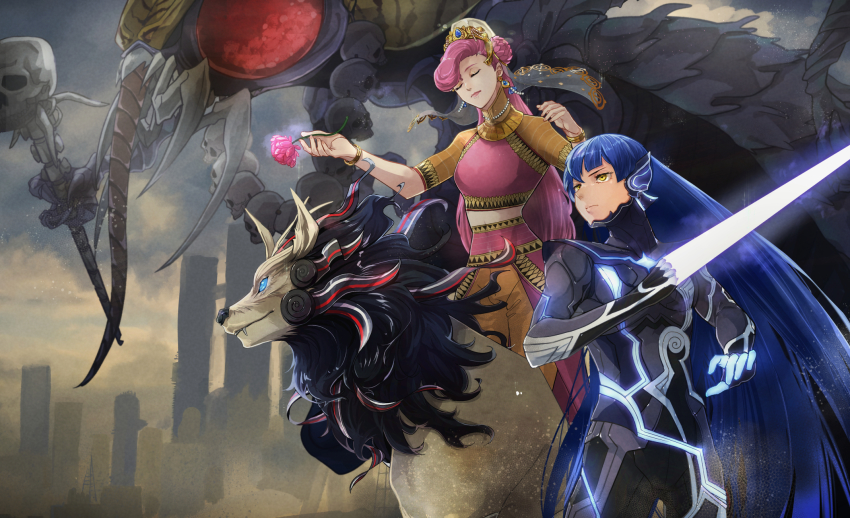 1boy, 1girl, androgynous, armor, black_hair, blush, bodysuit, breasts