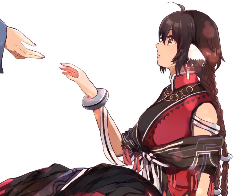 1girl, absurdly_long_hair, ahoge, ainu_clothes, anju_(utawarerumono), aquaplus, bracelet, braid, breasts, brown_hair, collared_dress, covered_collarbone, dress, earrings, from_side, hair_between_eyes, jewelry, long_hair, looking_at_another, necklace, off_shoulder, aged_up, parted_lips, raised_eyebrows, sidelocks, sitting, sleeveless, small_breasts, twchewp, utawarerumono, utawarerumono:_itsuwari_no_kamen, utawarerumono:_lost_flag, very_long_hair