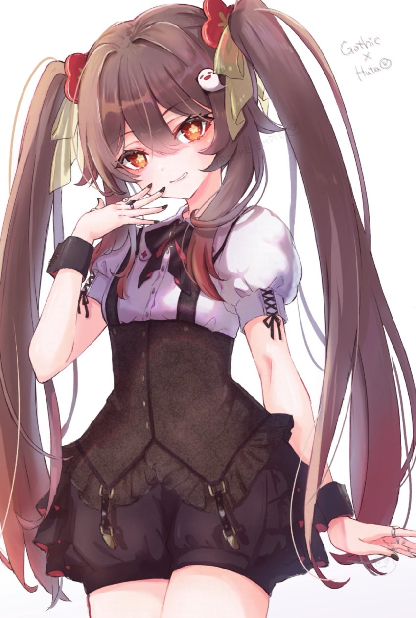 1girl, alternate_costume, black_nails, brown_hair, commentary, flower-shaped_pupils, genshin_impact, goth_fashion, grin, hair_ornament, hairclip, highres, hu_tao_(genshin_impact), jewelry, long_hair, multiple_rings, nail_polish, puffy_shorts, red_eyes, ring, shorts, slime_empire, smile, solo, symbol-shaped_pupils, thumb_ring, twintails