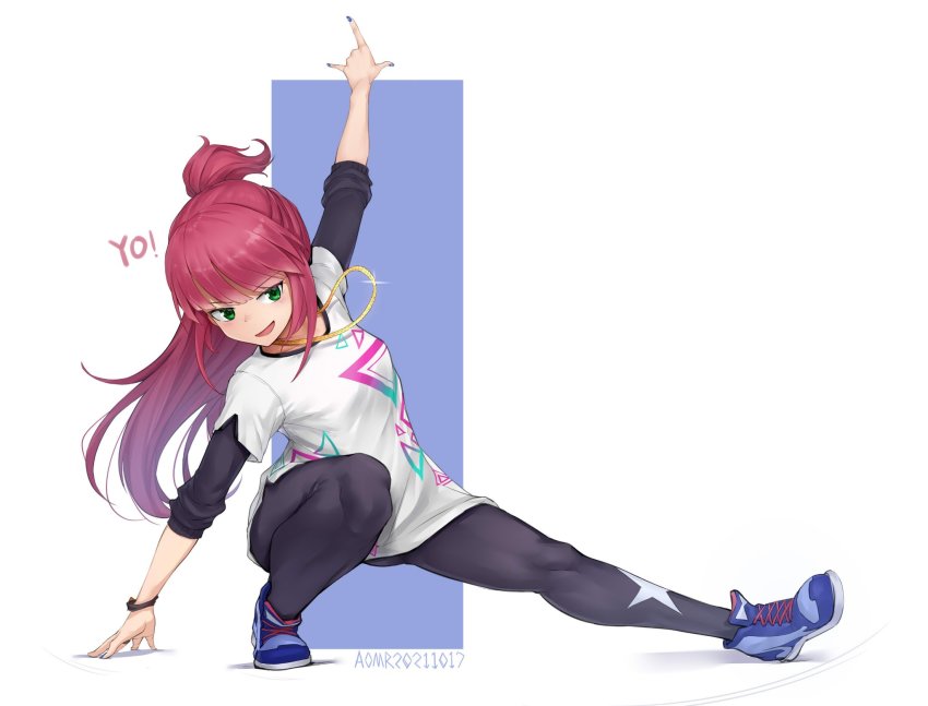alice_gear_aegis, aomoro, black_legwear, blue_footwear, blue_nails, bracelet, chain, dated, english_text, fujino_yayoi, gold_chain, green_eyes, highres, hip_hop, jewelry, nail_polish, open_mouth, red_hair, shirt, solo, star_(symbol), twitter_username, undershirt