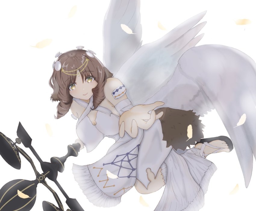1girl, angel_wings, animal_ears, aquaplus, blush, breasts, brown_hair, cleavage, curly_hair, feathered_wings, feathers, flying, from_side, fumirul, gradient_eyes, hair_ornament, highres, holding, holding_staff, holding_weapon, large_breasts, oversized_wings, looking_at_viewer, medium_hair, multicolored_eyes, musyokusunege, parted_lips, raised_eyebrows, sandals, sideboob, smile, solo, staff, staff_(weapon), tail, utawarerumono, utawarerumono:_futari_no_hakuoro, utawarerumono:_lost_flag, weapon, wings, yellow_eyes