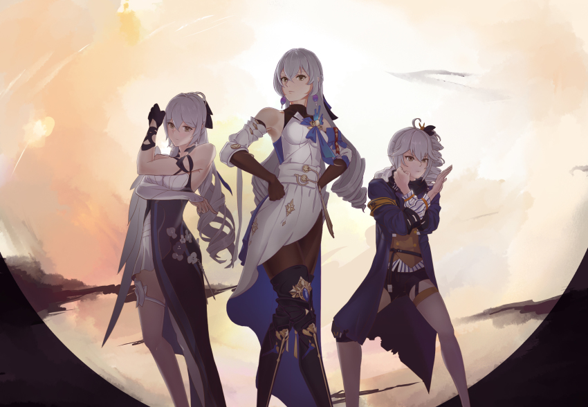 3girls, aged_up, armpits, bare_shoulders, honkai_gakuen, black_footwear, black_gloves, blue_coat, boots, bronya_rand, bronya_zaychik, bronya_zaychik_(fire_moth), bronya_zaychik_(silverwing:_n-ex), brown_gloves, brown_shorts, closed_mouth, coat, dress, drill_hair, earrings, elbow_gloves, full_moon, gloves, grey_eyes, hair_between_eyes, hair_ornament, hair_ribbon, hands_on_own_hips, highres, honkai:_star_rail, honkai_(series), honkai_impact_3rd, jewelry, jojo_no_kimyou_na_bouken, jojo_pose, leggings, long_hair, long_sleeves, looking_at_viewer, moon, multiple_girls, multiple_persona, niao_fan, night, outdoors, ribbon, shorts, single_glove, single_sleeve, single_thighhigh, sky, thigh_boots, thighhighs, twin_drills, voice_actor_connection, white_dress, white_sleeves