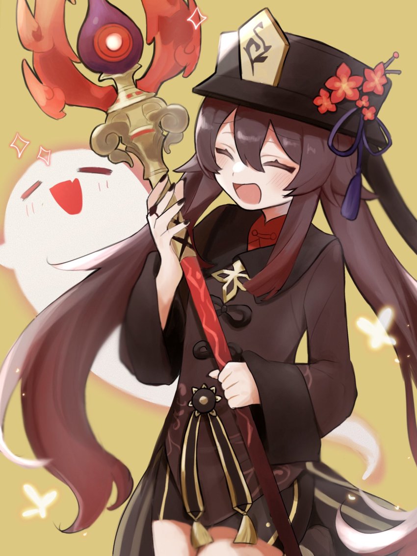 1girl, akrngo_0708, black_nails, black_shorts, brooch, brown_hair, chinese_clothes, closed_eyes, coat, coattails, collared_coat, collared_shirt, colored_eyelashes, commentary_request, flower, genshin_impact, ghost, hat, hat_flower, highres, hu_tao_(genshin_impact), jewelry, long_hair, multiple_rings, nail_polish, plum_blossoms, porkpie_hat, red_shirt, ring, shirt, shorts, solo, staff_of_homa_(genshin_impact), tailcoat, thumb_ring, twintails