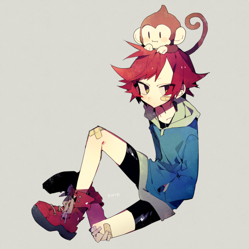 1girl, animal, animal_on_head, bandaid, bandaid_on_cheek, bandaid_on_face, bandaid_on_knee, bandaid_on_leg