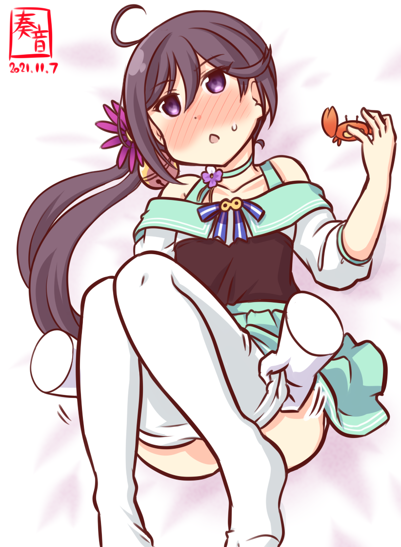 1girl, akebono_(8th_anniversary)_(kancolle), akebono_(kancolle), alternate_costume, aqua_dress, bare_shoulders, bell, blush, crab, dress, flower, hair_bell, hair_between_eyes, hair_flower, hair_ornament, imminent_penetration, jingle_bell, kanon_(kurogane_knights), kantai_collection, long_hair, lying, official_alternate_costume, one-hour_drawing_challenge, pantyhose, purple_eyes, purple_hair, side_ponytail, sweatdrop, unworn_clothes, very_long_hair, white_pantyhose