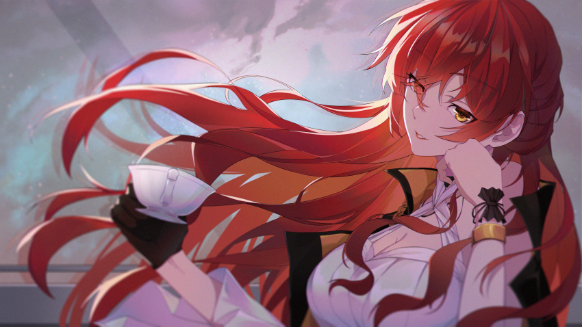 1girl, absurdres, black_gloves, breasts, chen_clear, cleavage, cup, dress, gloves, grin, hair_between_eyes, hand_on_own_cheek, hand_on_own_face, highres, himeko_(honkai:_star_rail), holding, holding_cup, honkai:_star_rail, honkai_(series), long_hair, looking_back, open_mouth, red_hair, single_glove, smile, solo, teacup, teeth, white_dress, yellow_eyes