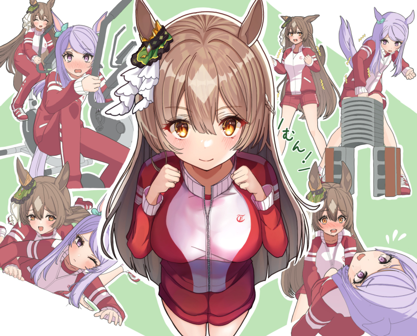 2girls, animal_ears, bad_id, bad_pixiv_id, bow, braid, brown_eyes, brown_hair, ear_bow, ear_ornament, ei_ei_mun!, flying_sweatdrops, green_background, green_bow, gym_shirt, gym_shorts, half_up_braid, highres, hiyoko_neneko, horse_ears, horse_girl, horse_tail, jacket, light_brown_hair, long_hair, mejiro_mcqueen_(umamusume), multicolored_hair, multiple_girls, purple_eyes, purple_hair, red_shorts, red_track_suit, satono_diamond_(umamusume), shirt, shorts, sidelocks, tail, tameshiwari, track_jacket, track_suit, two-tone_hair, umamusume