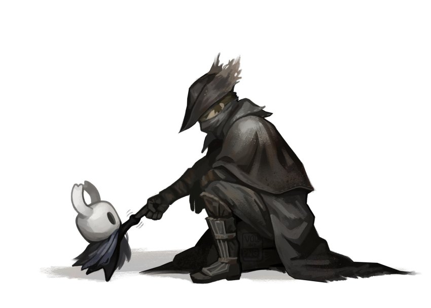 1boy, 1other, bloodborne, boots, cape, crossover, gloves, hat, highres, hollow_knight, horns, hunter_(bloodborne), knight_(hollow_knight), scarf, short_hair, size_difference, torn_cape, torn_clothes, valdotpng