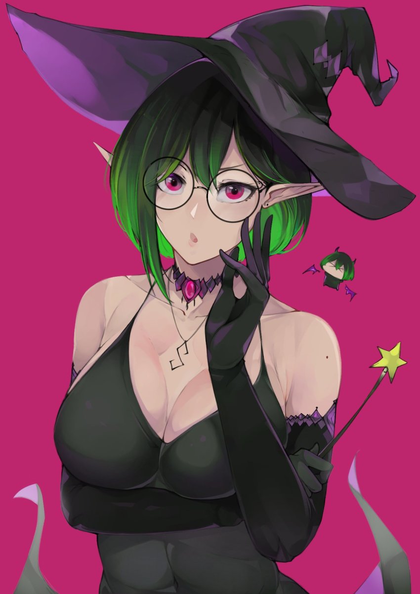 1girl, bang_telex, bare_shoulders, black_dress, black_gloves, black_hair, black_hat, breasts, choker, cleavage, dress, elbow_gloves, glasses, gloves, gradient_hair, green_hair, hat, highres, holding, holding_wand, jewelry, large_breasts, mia_(bang_telex), multicolored_hair, necklace, original, pointy_ears, portrait, purple_background, purple_eyes, round_eyewear, simple_background, solo, star_(symbol), wand, witch_hat