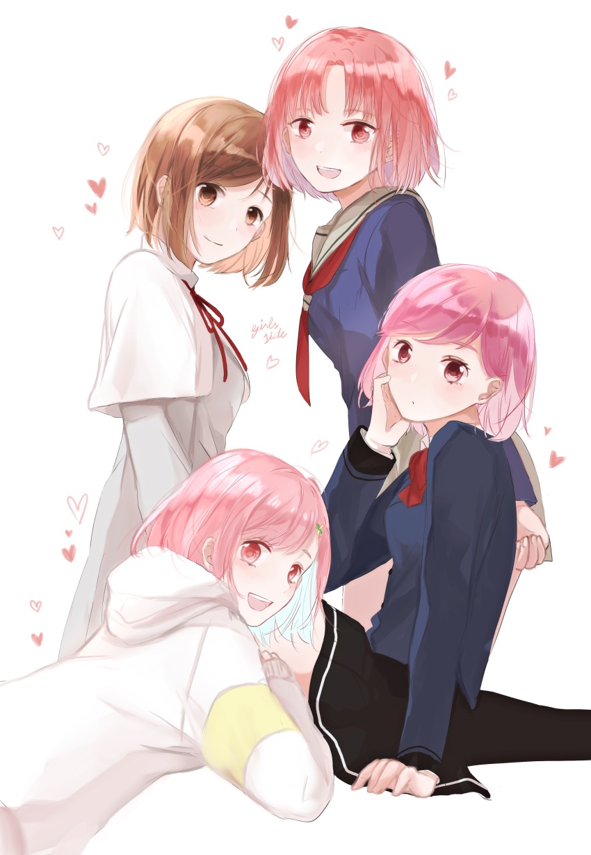 4girls, absurdres, brown_eyes, brown_hair, copyright_name, heart, highres, in-franchise_crossover