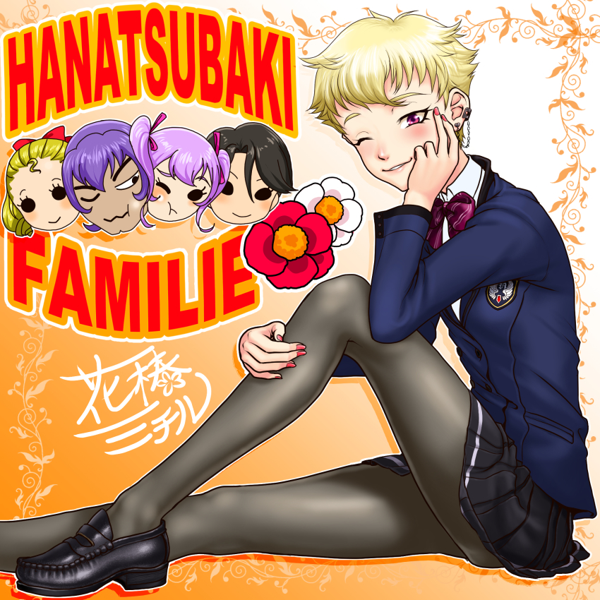 1boy, 4girls, black_legwear, black_skirt, blonde_hair, blush, boro, character_name, chibi, chibi_inset, cousins, earrings, forehead, grin, hanatsubaki_goro, hanatsubaki_hikaru, hanatsubaki_himeko, hanatsubaki_karen, hanatsubaki_michiru, highres, jewelry, legs, looking_at_viewer, multiple_girls, nail_polish, one_eye_closed, pantyhose, pleated_skirt, purple_eyes, red_nails, school_uniform, short_hair, siblings, sisters, skirt, smile, tokimeki_memorial, tokimeki_memorial_girl's_side, tokimeki_memorial_girl's_side_1st_love, tokimeki_memorial_girl's_side_2nd_kiss, tokimeki_memorial_girl's_side_3rd_story, tokimeki_memorial_girl's_side_4th_heart, twins, uncle_and_niece, very_short_hair
