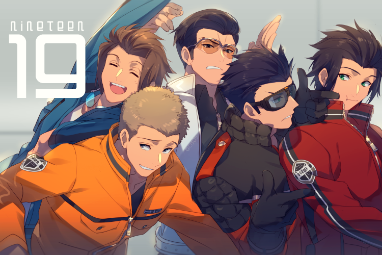 5boys, :t, ^_^, arashiyama_jun, arm_up, black_hair, blonde_hair, blue_jacket