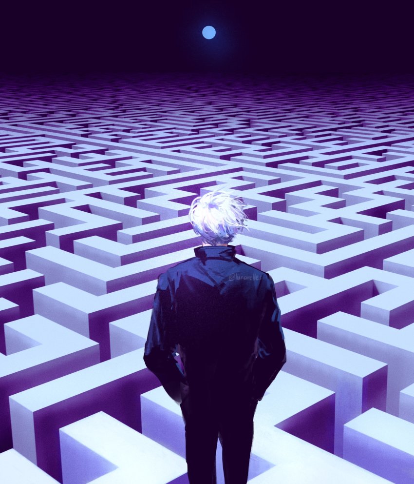 1boy, black_jacket, black_pants, cowboy_shot, facing_away, gojo_satoru, hands_in_pockets, highres