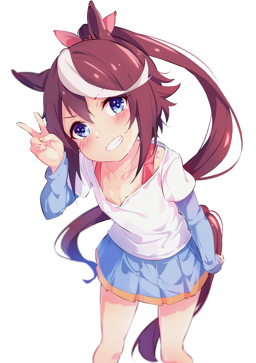 1girl, absurdres, blue_eyes, bokujuu, bow, brown_hair, collarbone, grin
