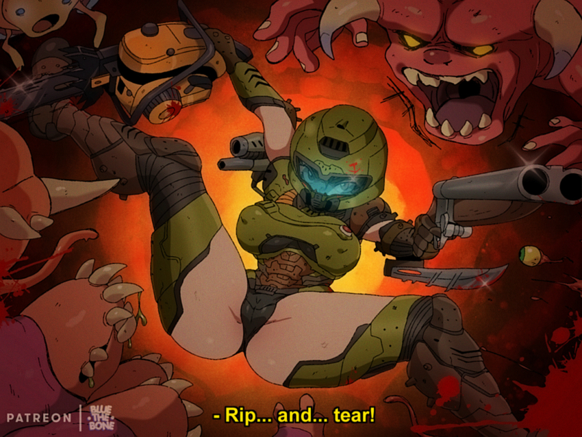 1980s_(style), 1girl, adapted_costume, arm_blade, armor, armored_leotard, bluethebone, breasts