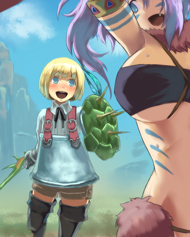 1boy, 1girl, bandeau, blue_eyes, blush, breasts, fang, huge_breasts