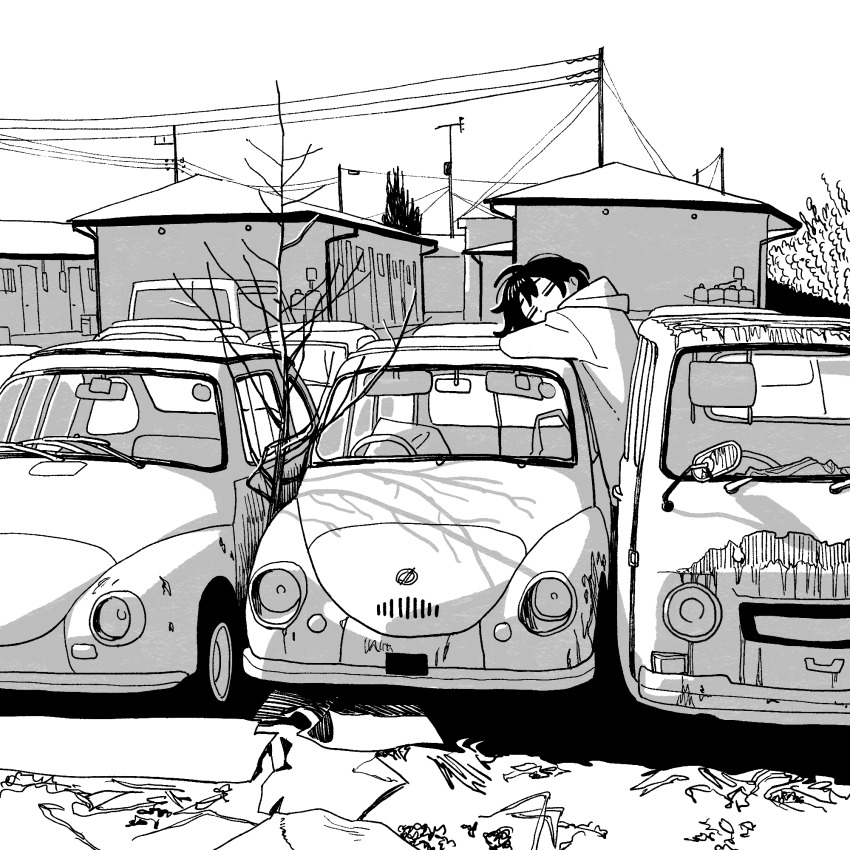 1girl, building, car, close-up, commentary, greyscale, highres, hood