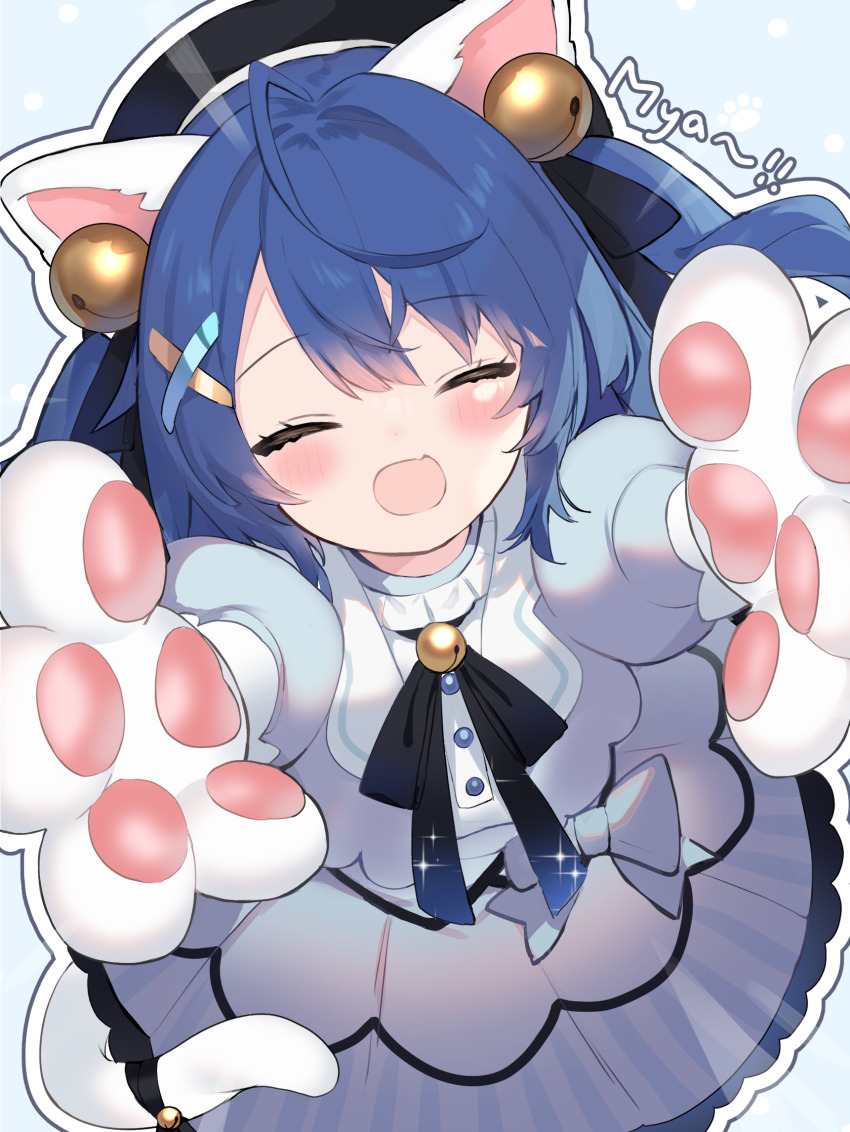 amamiya_kokoro, animal_ears, animal_hands, arms_up, bell, black_ribbon, blue_hair, blush