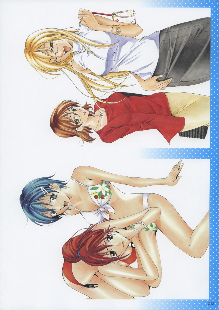 4girls, absurdres, ass, bare_arms, bare_legs, bare_shoulders, bikini, blonde_hair, blue_eyes, blue_hair, breasts, brown_eyes, brown_hair, cleavage, formal_clothes, hand_on_own_cheek, hand_on_own_face, highres, legs, matsumoto_megumi, multiple_girls, official_art, one_eye_closed, red_bikini, red_eyes, red_hair, saotome_yuka, seo_kouji, smile, suit, suzuka, swimsuit, white_bikini, wink