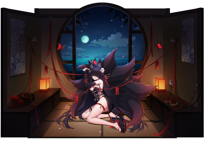 1girl, absurdres, animal_ear_fluff, animal_ears, bare_shoulders, between_breasts, black_gloves, black_hair