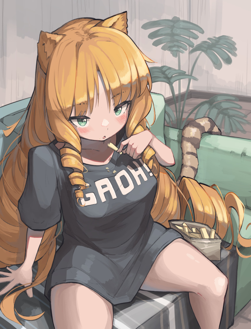 1girl, absurdres, animal_ears, arknights, arm_support, black_shirt, blush, clothes_writing, collarbone, couch, drill_hair, eating, eyebrows_hidden_by_hair, fern, food, green_eyes, highres, holding, holding_food, long_hair, open_mouth, orange_hair, plant, potted_plant, shirt, sidelocks, sitting, solo, swire_(arknights), tail, tiger_ears, tiger_girl, tiger_tail, togekk0, twin_drills, very_long_hair