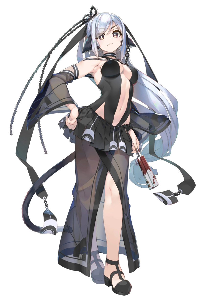 1girl, absurdly_long_hair, ainu_clothes, amazuyu_tatsuki, angry, animal_ears, aquaplus, black_dress, black_tail, breasts, bright_pupils, cat_tail, chain, choker, cleavage, cleavage_cutout, clothing_cutout, covered_erect_nipples, dress, earrings, eyes_visible_through_hair, full_body, gradient_eyes, gradient_hair, hair_between_eyes, hair_ornament, hair_over_one_eye, hand_fan, hand_on_own_hip, high_heels, high_ponytail, highres, holding, holding_fan, holding_weapon, jewelry, kuon_(utawarerumono), kuon_tenshi, long_hair, looking_at_viewer, low-tied_long_hair, medium_breasts, midriff, multicolored_eyes, multicolored_hair, official_art, ponytail, raised_eyebrows, red_eyes, see-through_clothes, see-through_dress, see-through_skirt, see-through_sleeves, side_slit, sideboob, sidelocks, silver_hair, skirt, sleeveless, solo, spoilers, standing, swept_bangs, tail, thighs, toned, toned_female, transparent_background, utawarerumono, utawarerumono:_futari_no_hakuoro, utawarerumono:_lost_flag, very_long_hair, weapon, white_pupils, yellow_eyes