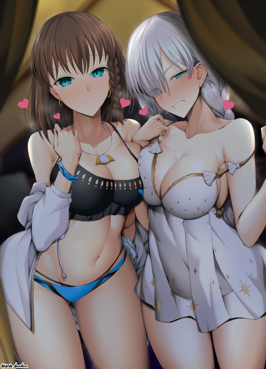 2girls, anastasia_(fate), anastasia_(swimsuit_archer)_(second_ascension)_(fate), bare_shoulders, bikini, black_bikini, blue_bikini, blue_eyes
