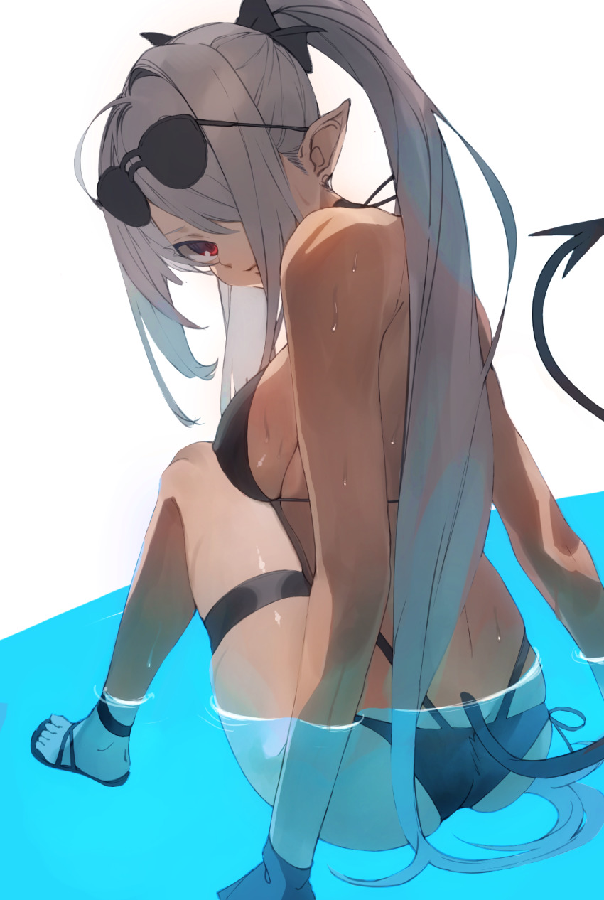1girl, arm_support, ass, back, bare_shoulders, bikini, black_bikini, blue_archive