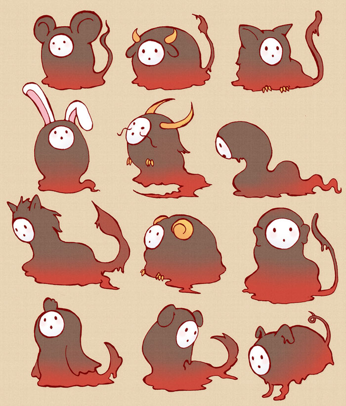 animal_ears, arakune, arc_system_works, blazblue, blazblue:_calamity_trigger, boar_(chinese_zodiac), rabbit_ears, cat_ears, cat_tail, chinese_zodiac, dog_(chinese_zodiac), dog_ears, dog_tail, dragon_(chinese_zodiac), horns, horse_(chinese_zodiac), kainou, kakuredo_ura, monkey_(chinese_zodiac), monkey_ears, mouse_ears, mouse_tail, no_humans, ox_(chinese_zodiac), pig_ears, pig_tail, rabbit_(chinese_zodiac), rat_(chinese_zodiac), rooster_(chinese_zodiac), sheep_(chinese_zodiac), snake_(chinese_zodiac), tail, tiger_(chinese_zodiac), zodiac