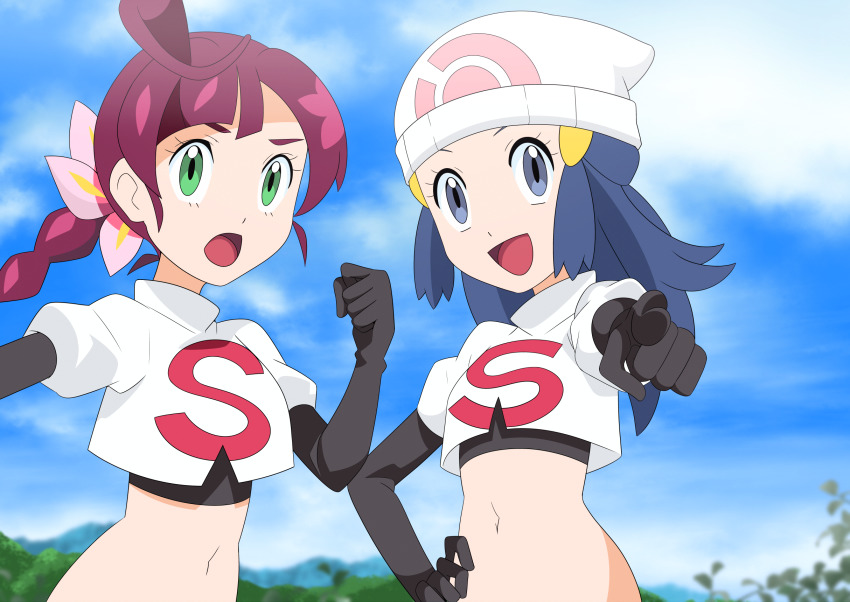 2girls, :d, beanie, blue_hair, braid, braided_ponytail, chloe_(pokemon), clenched_hand