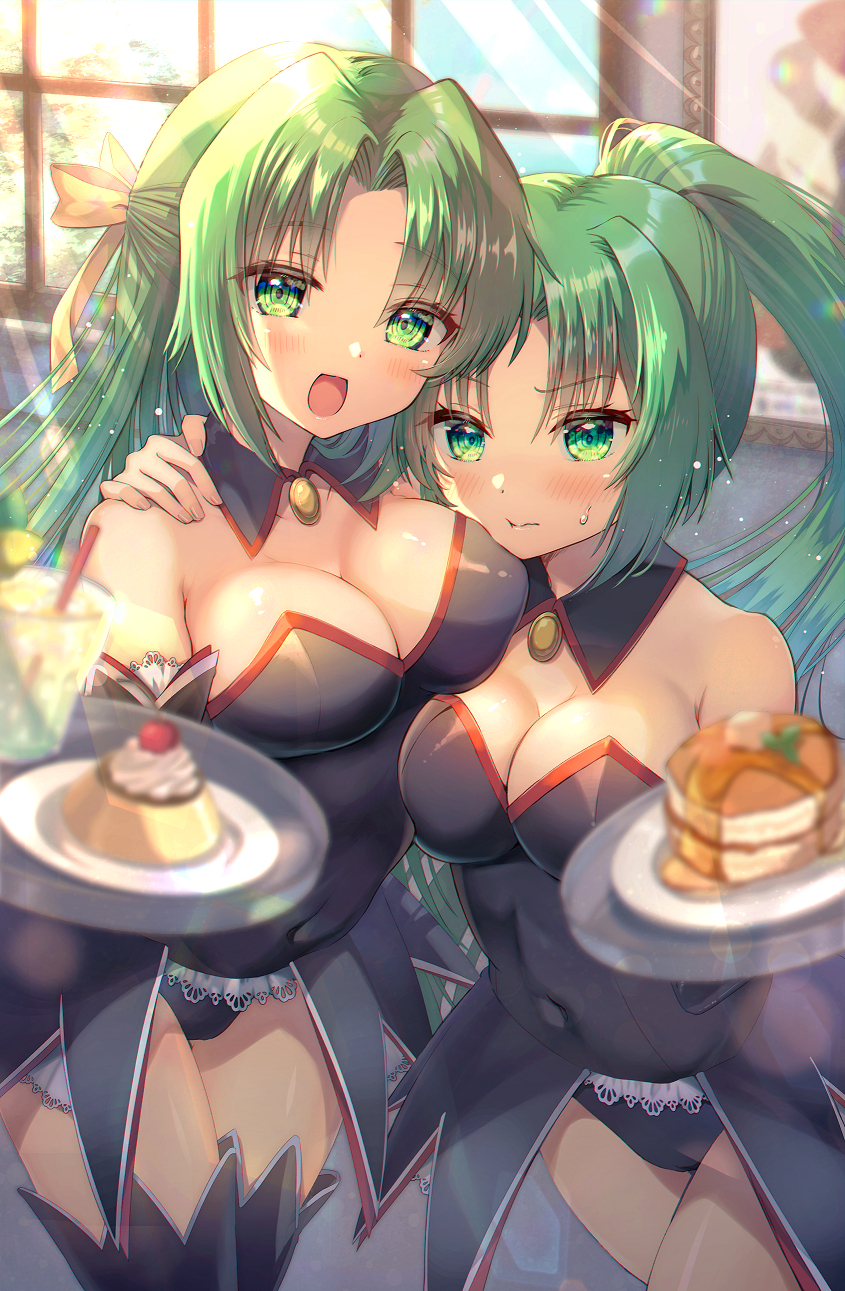 2girls, angel_mort, bare_shoulders, black_leotard, blurry, breasts, brooch, cleavage