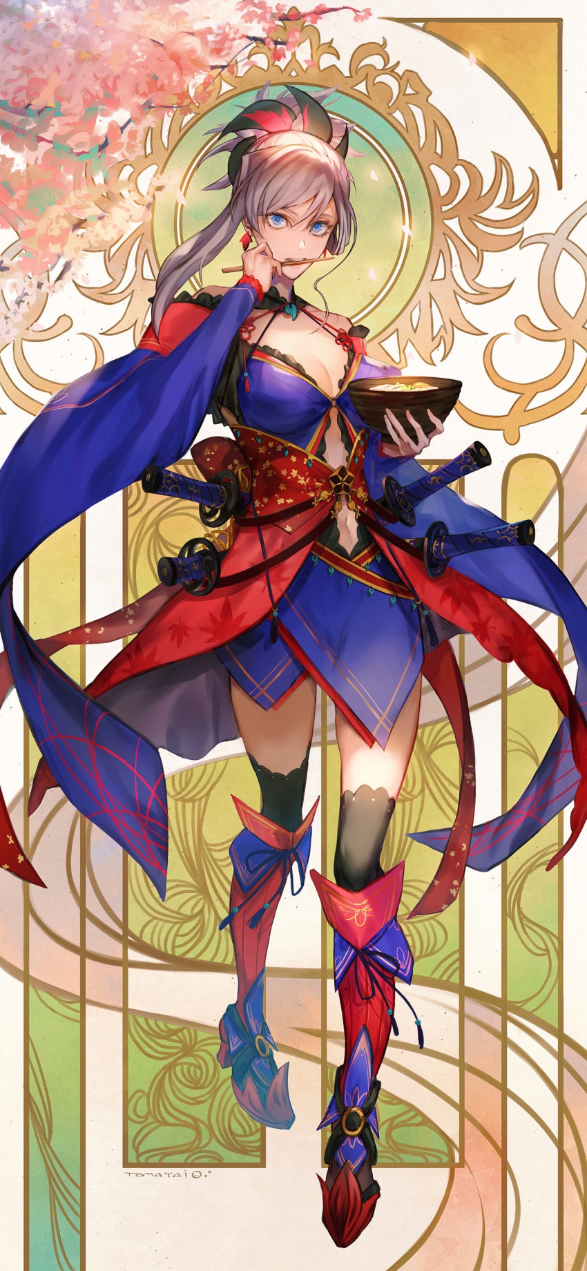 1girl, absurdres, asymmetrical_hair, bare_shoulders, black_thighhighs, blue_eyes, blue_kimono, bowl, breasts, chopsticks, chopsticks_in_mouth, cleavage, clothing_cutout, detached_sleeves, earrings, fate/grand_order, fate_(series), flag_print, food, full_body, hair_ornament, high_heels, highres, holding, holding_bowl, japanese_clothes, jewelry, katana, kimono, large_breasts, leaf_print, long_hair, looking_at_viewer, magatama, maple_leaf_print, miyamoto_musashi_(fate), miyamoto_musashi_(third_ascension)_(fate), multiple_swords, navel, navel_cutout, noodles, obi, ponytail, ramen, revision, sash, sheath, sheathed, shin_guards, silver_hair, single_sidelock, sleeveless, sleeveless_kimono, solo, swept_bangs, sword, tamayai, thighhighs, thighs, weapon, wide_sleeves