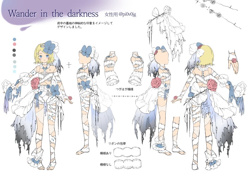 1girl, absurdres, asymmetrical_clothes, bare_shoulders, barefoot, blonde_hair, bloomers, blue_bow