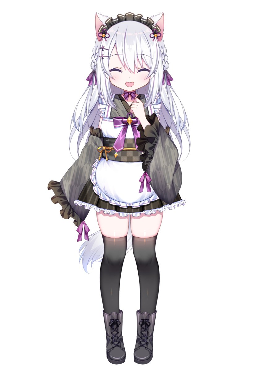 1girl, :d, absurdres, animal_ears, apron, black_footwear, black_thighhighs, boots