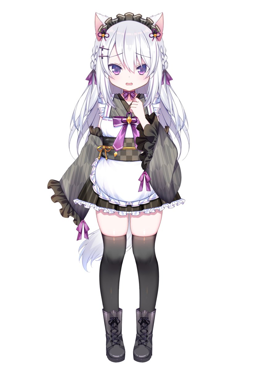 1girl, absurdres, animal_ears, apron, black_footwear, black_thighhighs, boots, cafe_omusubiya