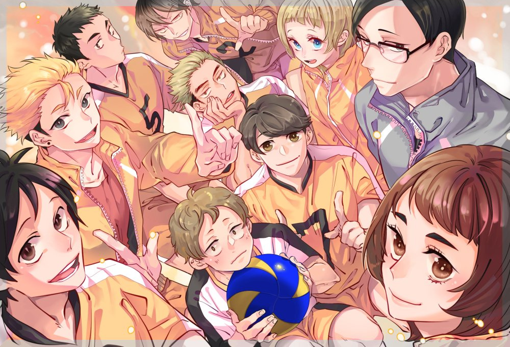 2girls, 6+boys, anabara_takaai, ball, black_hair, blonde_hair, bobata_kazuma, brown_hair