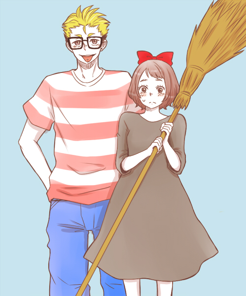 1boy, 1girl, :p, black_dress, blonde_hair, blue_pants, blush, bow, bow_hairband, broom, brown_hair, closed_mouth, cosplay, day, dress, glasses, haikyuu!!, hair_bow, hairband, holding, holding_broom, honey-pool, kiki_(majo_no_takkyuubin), kiki_(majo_no_takkyuubin)_(cosplay), looking_at_viewer, majo_no_takkyuubin, misaki_hana, pants, piercing, red_bow, red_hairband, shirt, short_hair, short_sleeves, striped_clothes, striped_shirt, sweatdrop, terushima_yuuji, tombo_(majo_no_takkyuubin), tombo_(majo_no_takkyuubin)_(cosplay), tongue, tongue_out, tongue_piercing