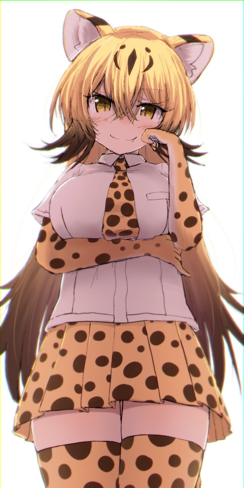 1girl, animal_print, blush, breast_pocket, breasts, cheetah_(kemono_friends), cheetah_girl, fang