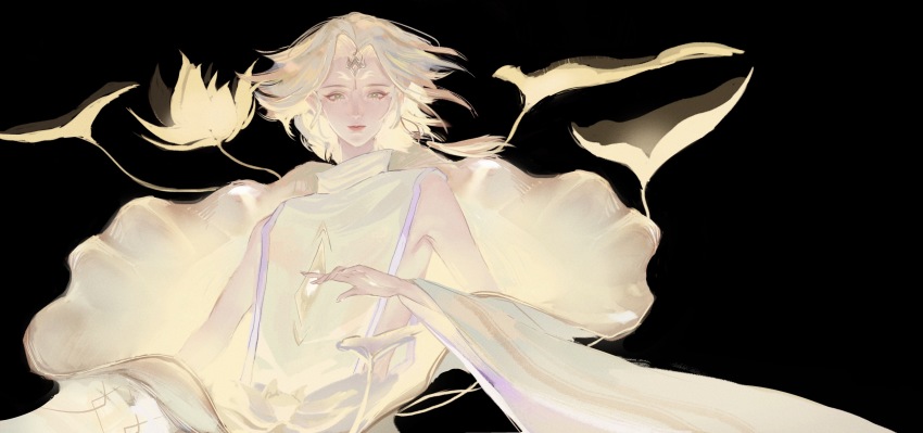 1boy, absurdres, bare_pectorals, blonde_hair, facial_mark, flower, green_eyes, highres