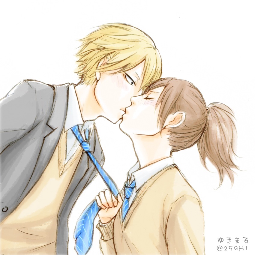 1boy, 1girl, blonde_hair, blush, brown_hair, closed_eyes, clothes_grab, freckles