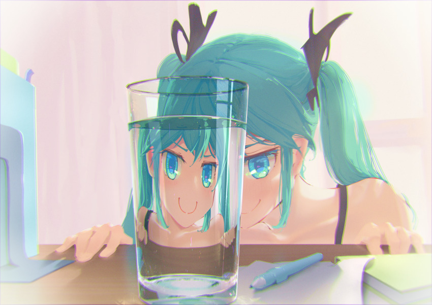 1girl, absurdres, aqua_eyes, aqua_hair, backlighting, bare_shoulders, book, chromatic_aberration