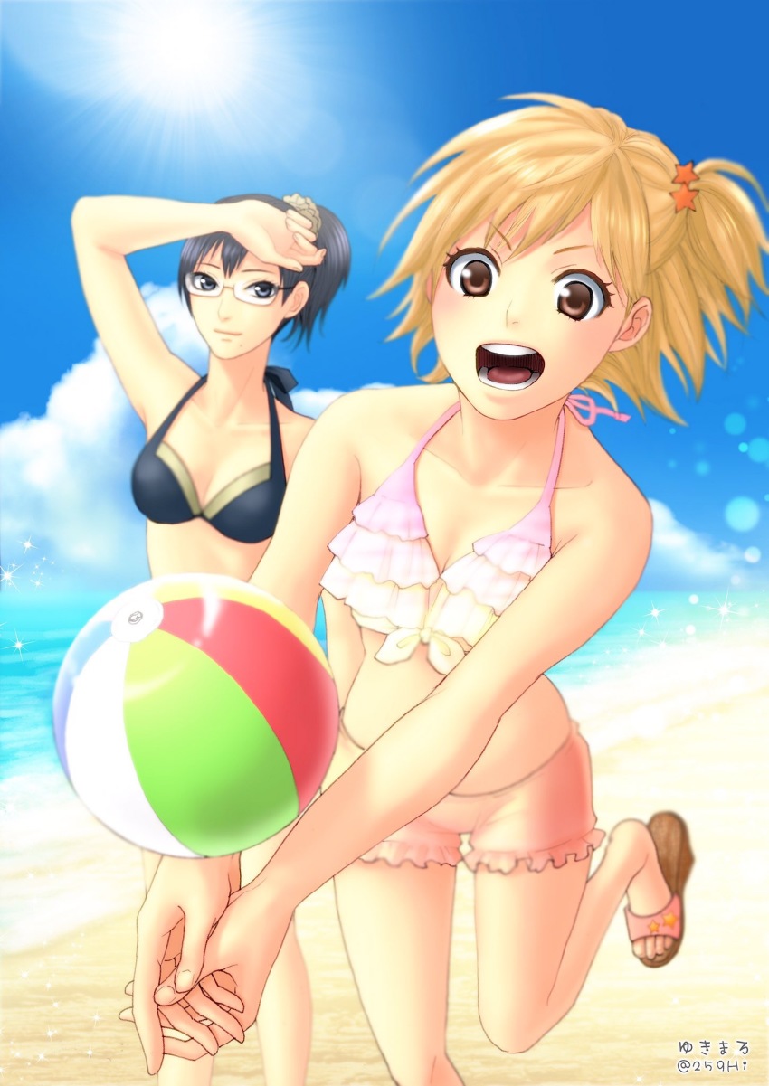 2girls, ball, beach, beachball, bikini, black_hair, blonde_hair, blue_eyes, breasts, cleavage, frilled_bikini, frills, glasses, haikyuu!!, hi-259, highres, mole, mole_under_mouth, multiple_girls, ocean, outdoors, sand, sandals, shimizu_kiyoko, smile, sun, swimsuit, water, yachi_hitoka