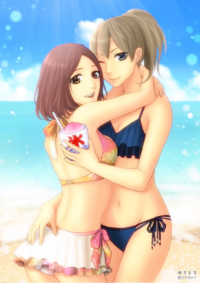 2girls, beach, bikini, breasts, brown_hair, cleavage, food, haikyuu!!