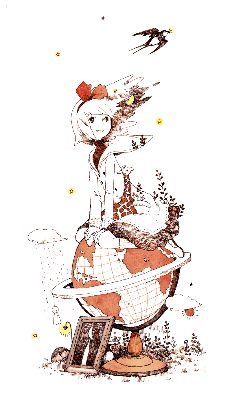 bird, bow, giraffe, globe, hair_bow, highres, kneeling, kuzira_kirara