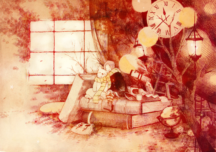 1girl, bare_tree, bear, book, clock, closed_eyes, female_focus, globe